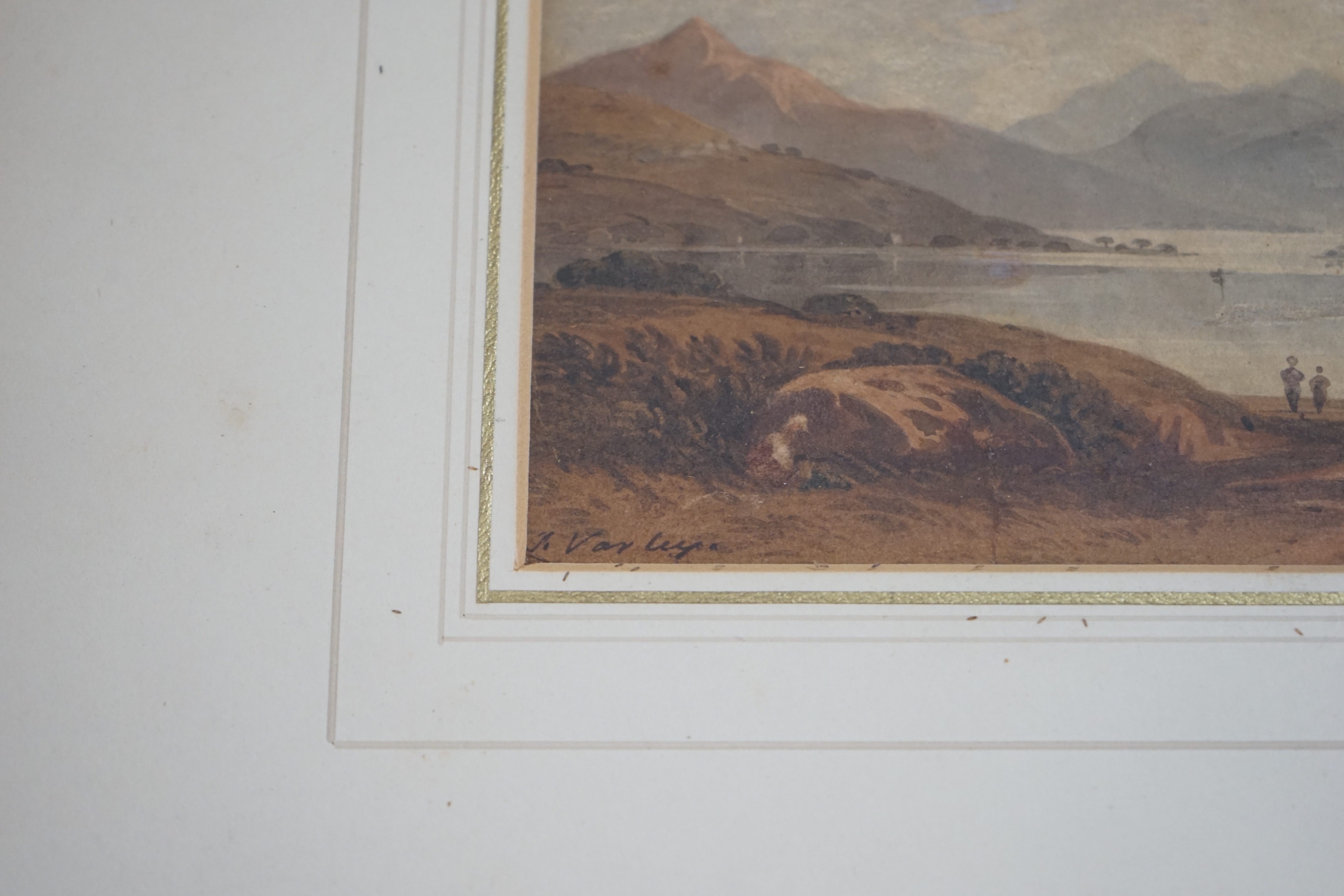 John Varley RWS (1778-1842), watercolour, Mountainous lakeside landscape, signed, 13 x 19cm